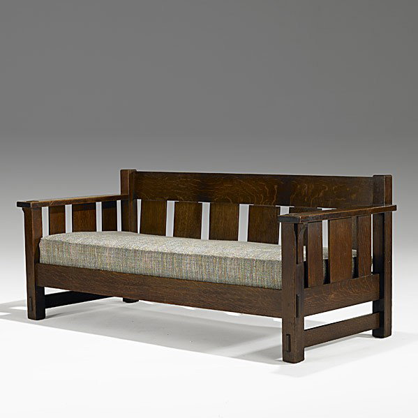 LIFETIME (Attr.): LIFETIME (Attr.); Three-seat settee with original spring seat, c. 1910-15; Unmarked; 31'' x 72'' x 32''