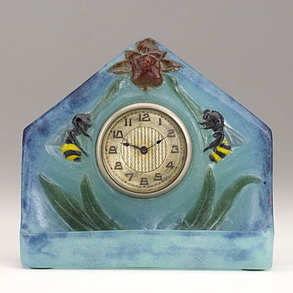HENRI BERGE; ALMERIC WALTER: HENRI BERGE; ALMERIC WALTER; Pate-de-verre clock with bees and orchid; Signed Berge SC AWALTER NANCY; 4 1/2'' x 5'' x 2''