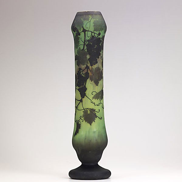 DAUM: DAUM; Tall cameo glass vase acid-etched with grapevines; Signed DAUM NANCY; 23 1/2'' x 6''