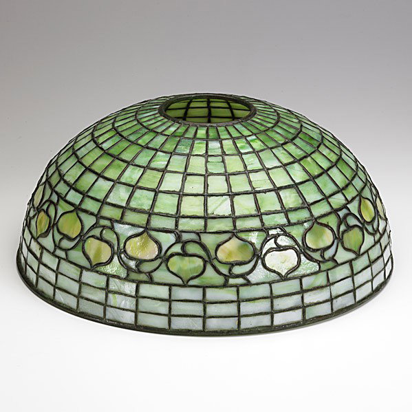TIFFANY STUDIOS: TIFFANY STUDIOS; Leaded glass lampshade in acorn pattern; Stamped TIFFANY STUDIOS NEW YORK 1435-143; 6 1/2'' x 15 1/2''