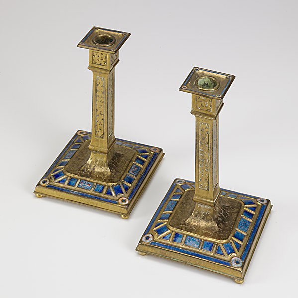 TIFFANY STUDIOS: TIFFANY STUDIOS; Pair of acid-etched, parcel-gilt and enameled bronze candlesticks in the Art Deco pattern; Stamped Louis C. Tiffany Furnaces Inc 368; 7 1/2'' x 5'' sq.