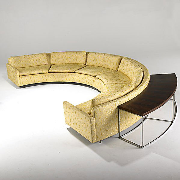 MILO BAUGHMAN; THAYER-COGGIN: MILO BAUGHMAN; THAYER-COGGIN; Upholstery and acrylic circular sectional sofa, together with rosewood and chrome-plated steel matching sofa table; Unmarked; Each sofa: 24'' x 114'' x 33 1/2'', table: 2