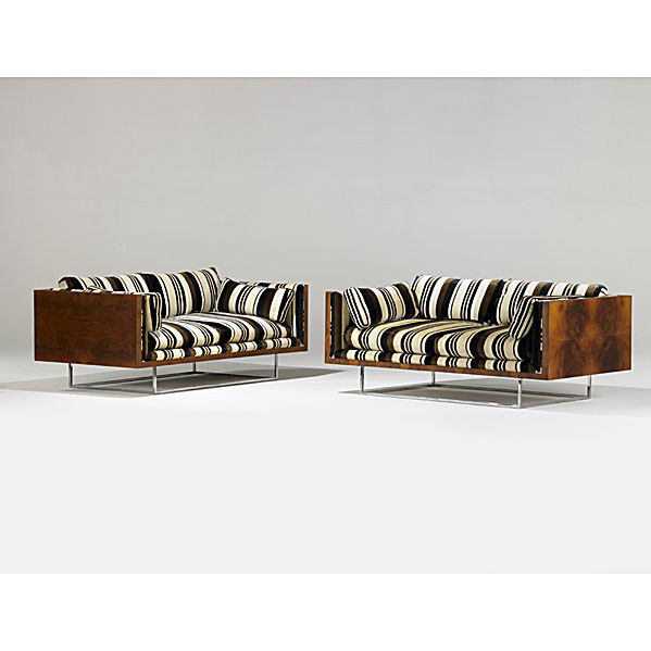 MILO BAUGHMAN; THAYER-COGGIN: MILO BAUGHMAN; THAYER-COGGIN; Pair of Indonesian rosewood, upholstery and chromed-steel settees, 1970's; One marked with fabric label; 27'' x 64'' x 34''