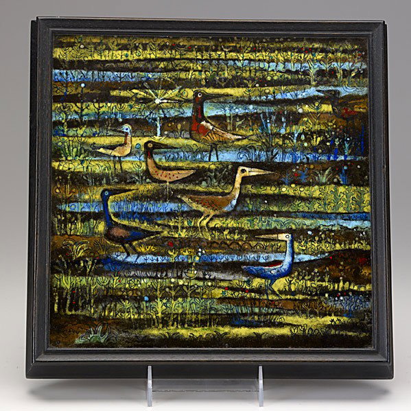 KARL DRERUP: KARL DRERUP; Enamel-on-copper plaque depicting birds (framed); Provenance; Collection of David R. Campbell, former designer and director of the Museum of Contemporary Crafts, NYC; Signed; Sight: 10 1/