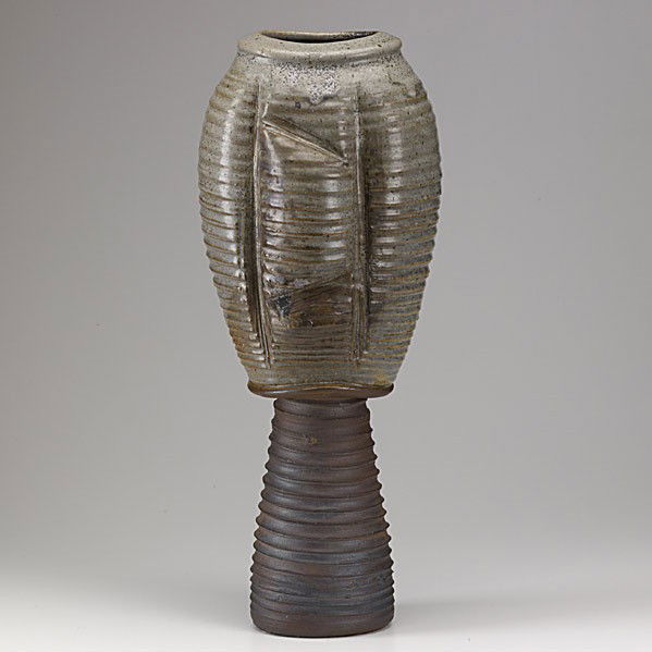 DON REITZ: DON REITZ; Glazed stoneware totemic vessel; Unmarked; 23'' x 8 1/2''