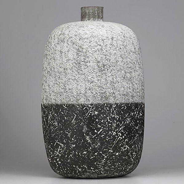 CLAUDE CONOVER: CLAUDE CONOVER; Unusual two-tone four-sided glazed ceramic vessel, ''CHAAM''; Signed and titled; 21 1/2'' x 11''