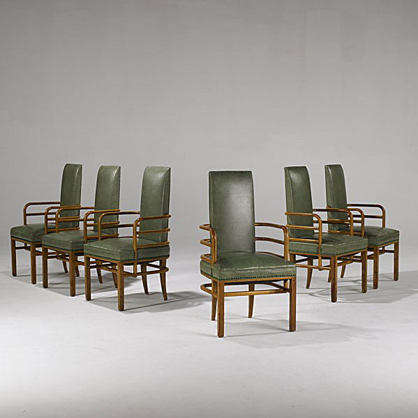 K.E.M. WEBER; GRAND RAPIDS FURNITURE CO: K.E.M. WEBER; GRAND RAPIDS FURNITURE CO.; Set of six rare birch and original leatherette dining chairs, 1929; Unmarked; 41'' x 21'' x 21''