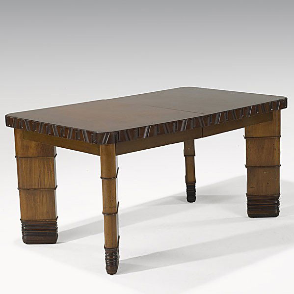 K.E.M. WEBER; GRAND RAPIDS FURNITURE CO.: K.E.M. WEBER; GRAND RAPIDS FURNITURE CO.; Rare mahogany and birch dining table with three inserts, 1929; Unmarked; Closed 30 1/2'' x 60'' x 36'', each insert 12''