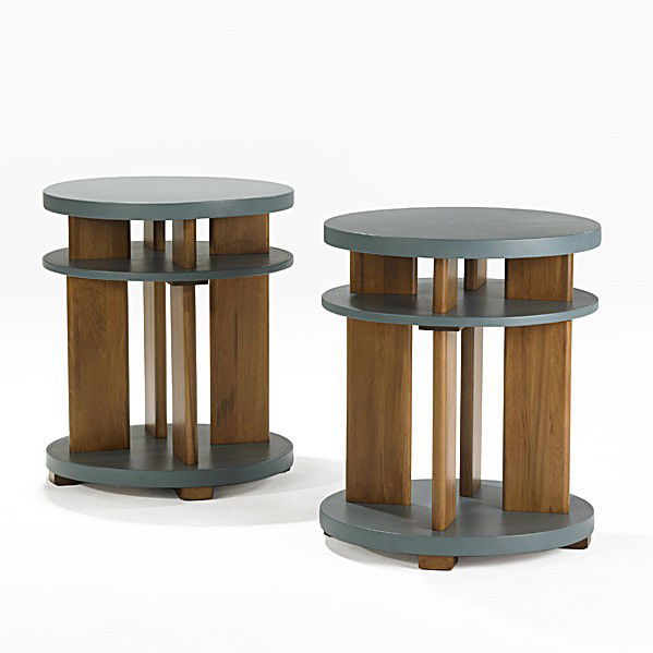 PAUL LASZLO; BROWN & SALTMAN: PAUL LAZLO; BROWN & SALTMAN; Tooled leather and solid maple sofa tables, 1950's; Unmarked; 28 1/4'' x 24''