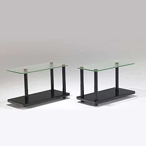 GILBERT ROHDE; HERMAN MILLER: GILBERT ROHDE; HERMAN MILLER; Pair of frosted and textured glass, brass and ebonized mahogany sofa tables, 1940's; Unmarked; 18 1/2'' x 30 1/4'' x 14 1/4''