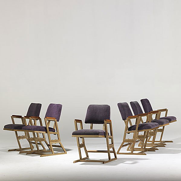 FRANK LLOYD WRIGHT: FRANK LLOYD WRIGHT; Set of six enameled metal and upholstery theater chairs, ca. 1959; Provenance: Kalita Humphreys Theater, Dallas Theater Center, TX; Unmarked; 34'' x 21'' x 25 1/2''