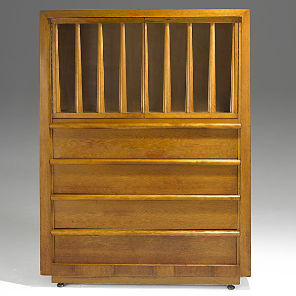 T.H. ROBSJOHN-GIBBINGS; WIDDICOMB: T.H. ROBSJOHN-GIBBINGS; WIDDICOMB; Mahogany cabinet with desk; Fabric label; 63 1/2'' x 48'' x 20''
