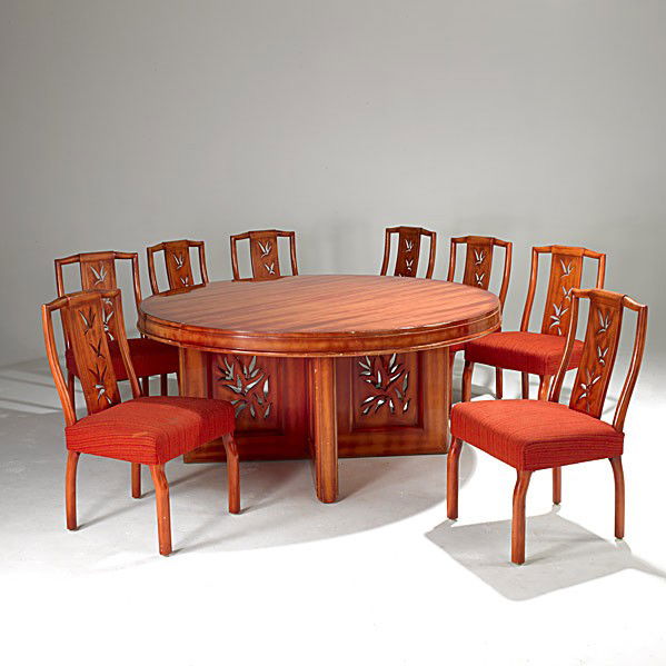 JAMES MONT: JAMES MONT; Polychrome wood dining table and eight chairs, two leaves; Fabric labels; Table: 29 1/2'' x 63'' dia., leaves: 12'', chairs: 35'' x 21'' x 21''