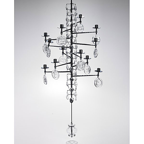 ERIK HOGLUND; BODA NOVA GLASSWORKS; AXEL STROMBERG: ERIK HOGLUND; BODA NOVA GLASSWORKS; AXEL STROMBERG IRONWORKS; Enameled wrought-iron and glass hanging candelabrum, Sweden, 1950's; Unmarked; 34'' x 18''