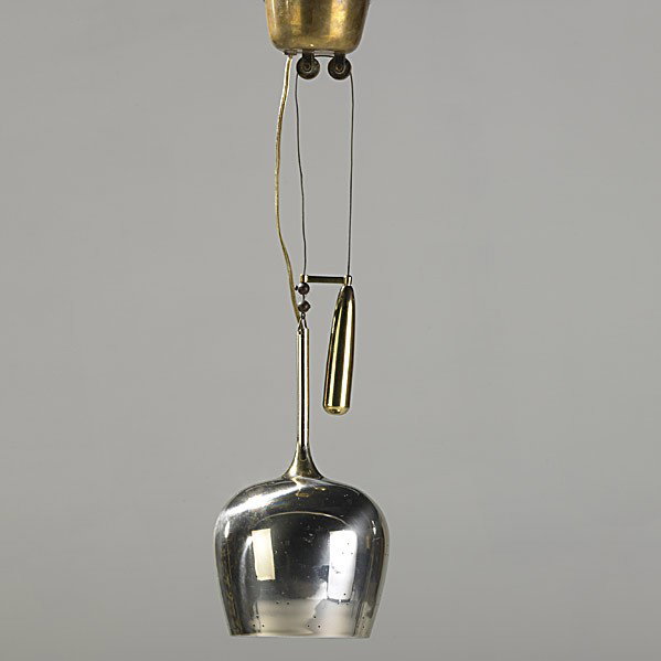 PAAVO TYNELL; TAITO OY: PAAVO TYNELL; TAITO OY: Brass and aluminum counter balance pendant lamp, Finland, 1950's; Unmarked; Fully extended 33'' x 7''