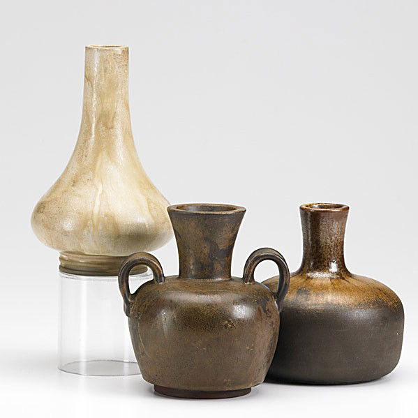 WILHELM KAGE; GUSTAVSBERG: WILHELM KAGE; GUSTAVSBERG; Three brown glazed stoneware Farsta vessels; All marked GUSTAVSBERG KAGE FARSTA; Tallest: 7 1/2''