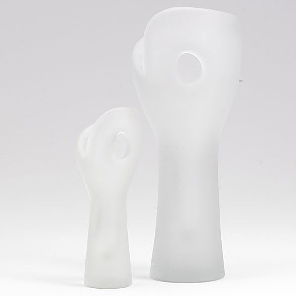 TIMO SARPANEVA; IITTALA: TIMO SARPANEVA; IITTALA; Two Devil's Fist frosted glass vases; Both signed Timo Sarpaneva; 7 1/2'' and 11''