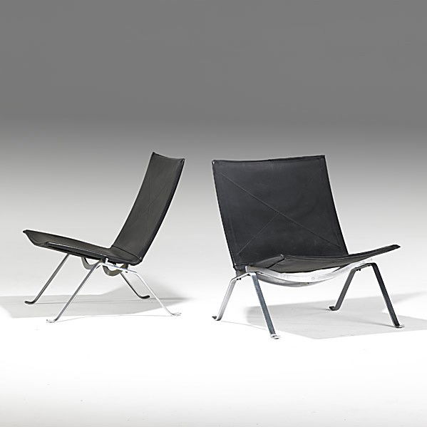 POUL KJAERHOLM; FRITZ HANSEN: POUL KJAERHOLM; FRITZ HANSEN; Pair of leather and matte chromed steel PK 22 lounge chairs, Denmark 1980's; Stamped and labels; 28 1/2'' x 25'' x 25''