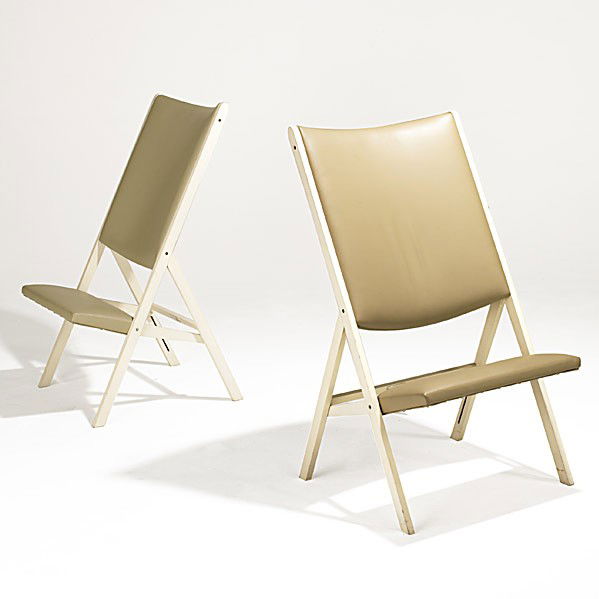 GIO PONTI; WALTER PONTI;: GIO PONTI; WALTER PONTI; Pair of painted hardwood and leather Gabriella chairs, Italy, 1970's; Manufacturer's decal; 41 1/2'' x 23 1/2'' x 24'