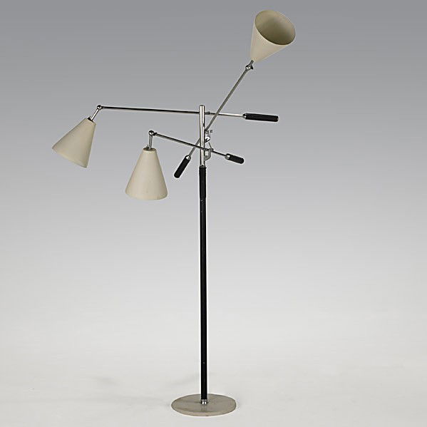 ARREDOLUCE: ARREDOLUCE; Triennale floor lamp with three adjustable arms, white enameled metal shades, and marble base, c. 1960; Marked Made in Italy. As pictured: 73'' x 43'' x 44''