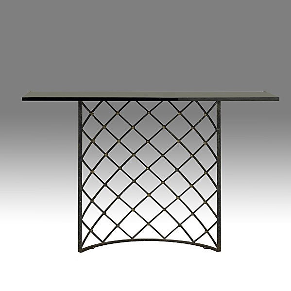 JEAN ROYERE: JEAN ROYERE; Rare enameled iron, bronze and glass ''Tour Eiffel'' console table, France, late 1940s; Unmarked; 30 1/2'' x 48'' x 14''