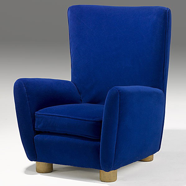 JEAN ROYERE: JEAN ROYERE; Mohair and oak Relax armchair, France, 1940's; Unmarked; 39 1/2'' x 33 '' x 36''