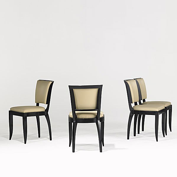JACQUES ADNET: JACQUES ADNET; Four lacquered wood and leathered upholstered dining chairs, France 1950's; Unmarked; 33 1/2'' x 18 1/2'' x 22 1/2''