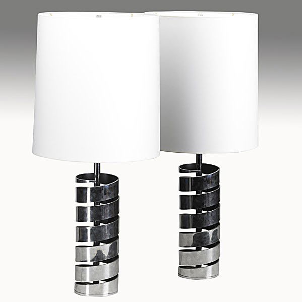 JACQUES CHARPENTIER: JACQUES CHARPENTIER; Pair of chromed metal spiral table lamps,(shades not included) France, 1960's; Unmarked; 33 1/2'' x 5''