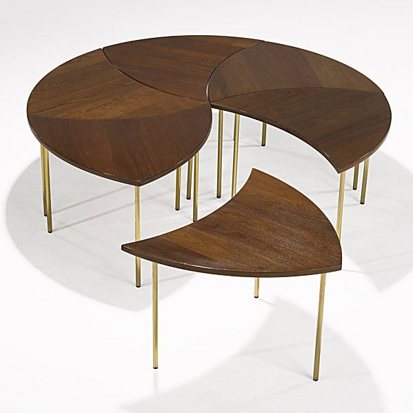 PETER HVIDT; JOHN STEWART INC/FRANCE AND SONS: PETER HVIDT; JOHN STEWART INC/FRANCE AND SONS; Teak and brass segmented coffee table, Denmark; Metal labels; 17 1/4'' x 50 3/4'', each 25 1/2''