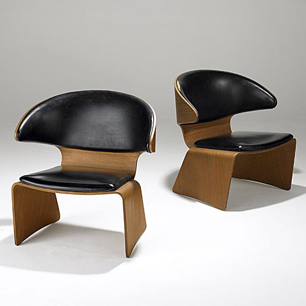 HANS OLSEN; FREM ROJLE: HANS OLSEN; FREM ROJLE; Pair of teak Bikini chair, c. 1961; Branded FREM ROJLE MADE IN DENMARK, Danish control label; 29'' x 29 1/2'' x 25''