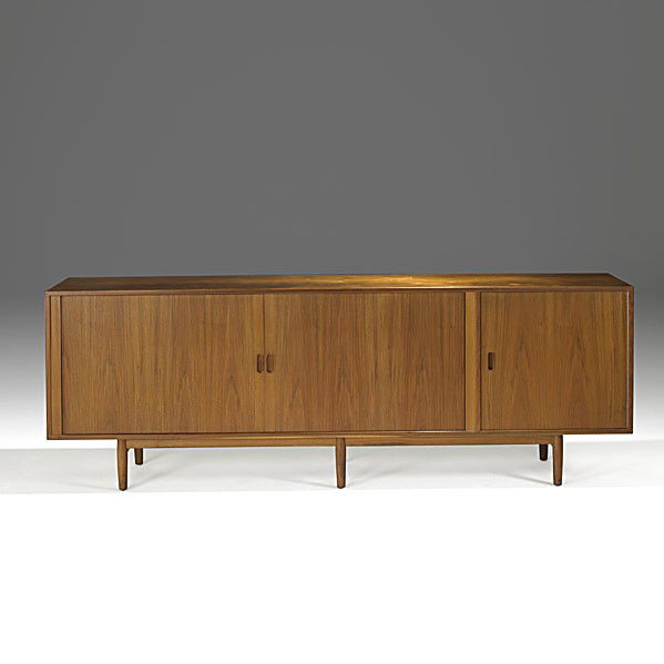 ARNE VODDER; SIBAST: ARNE VODDER; SIBAST; Teak tambour credenza; Sibast label, Danish control metal tag; 32 1/2'' x 89'' x 18 1/2''