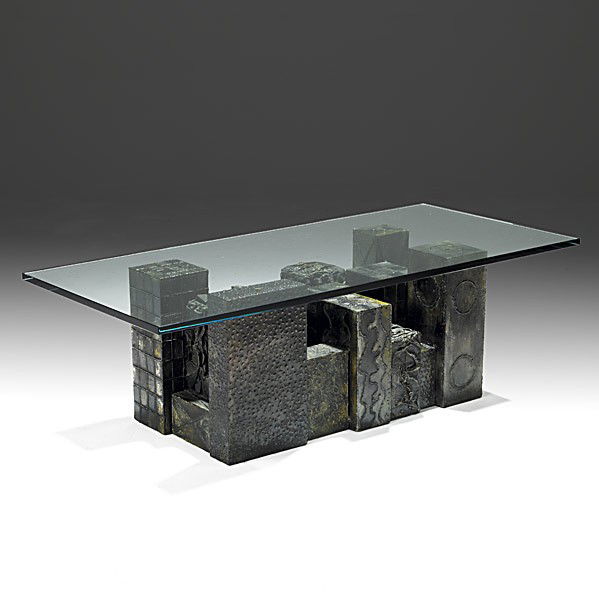 PAUL EVANS: PAUL EVANS; Rare sculpted polychromed steel and bronze Skyline cocktail table, 1970; Provenance: Purchased directly from the artist in the 1970s; Signed PE 70; 16'' x 52'' x 24''
