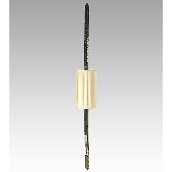 PAUL EVANS: PAUL EVANS; Polychrome steel and bronze pole lamp, silk shade, ca. 1958-59; Provenance: Dorsey Reading collection, Pennsylvania; Approx. 100'' x 22''