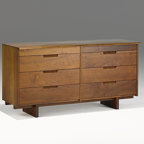 GEORGE NAKASHIMA: GEORGE NAKASHIMA; American black walnut dovetailed double dresser, 1960's; Provenance available; Marked with client's name; 32'' x 60'' x 22 1/2''