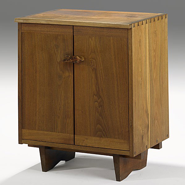 GEORGE NAKASHIMA: GEORGE NAKASHIMA; Oversized walnut and maple burl Kornblut cabinet, 1960's; Provenance available; Signed with client's name; 31'' x 24'' x 19 1/2''