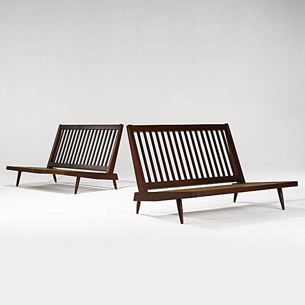 GEORGE NAKASHIMA: GEORGE NAKASHIMA; Pair of walnut Cushion settees, 1970's; Unmarked; 37'' x 48'' x 36''