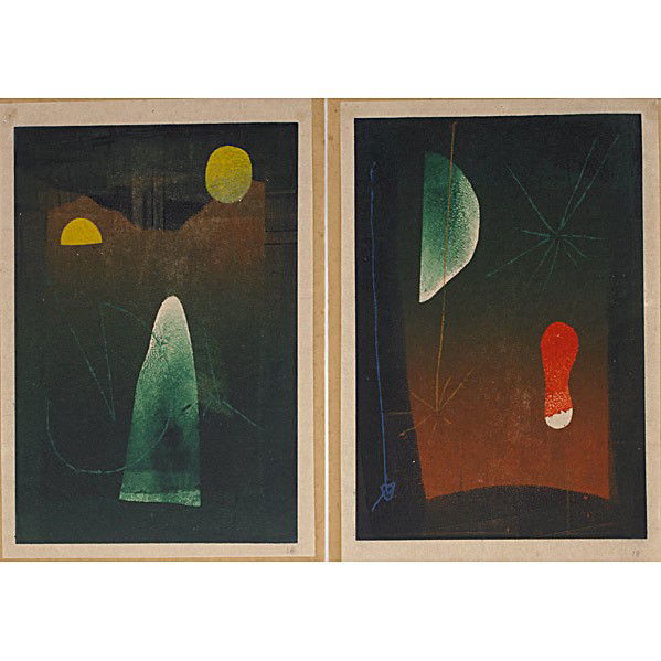 HARRY BERTOIA: HARRY BERTOIA; Two color monoprints on rice paper, ''Graphic Poem'' series, 1943-5; Each with H.B. inventory number, accompanied by copy of envelope dedication to Cecilia Valentiner; Provenance: Priva