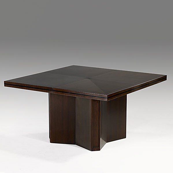 TOMMI PARZINGER; PARZINGER ORIGINALS: TOMMI PARZINGER; PARZINGER ORIGINALS; Mahogany with ebony inlay dining table with extensions, 1950's; Unmarked; 29 1/2'' x 54'' sq., each insert 18''