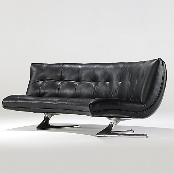 VLADIMIR KAGAN; VLADIMIR KAGAN DESIGNS INC: VLADIMIR KAGAN; VLADIMIR KAGAN DESIGNS INC.; Leather and polished aluminum Unicorn sofa, 1960's; Unmarked; 32 1/2'' x 102'' x 32 1/2''
