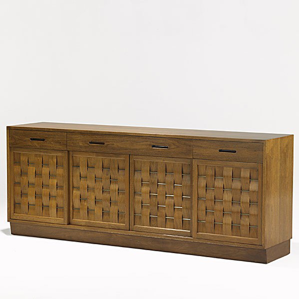 EDWARD WORMLEY; DUNBAR: EDWARD WORMLEY; DUNBAR; Mahogany and brass woven front cabinet; Model 5668, brass Dunbar tag; 32'' x 81 1/2'' x 18 1/4''