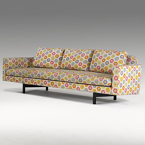 EDWARD WORMLEY; DUNBAR: EDWARD WORMLEY; DUNBAR; Wool upholstered sofa on mahogany legs; Unmarked; 91'' x 30'' x 36''