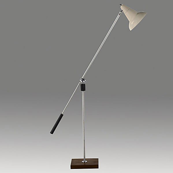 GILBERT A. WATROUS; HEIFETZ: GILBERT A. WATROUS; HEIFETZ; Steel, enameled aluminum and walnut floor lamp, 1950's; Unmarked; As pictured 49 1/2'' x 35'' x 8 1/2''