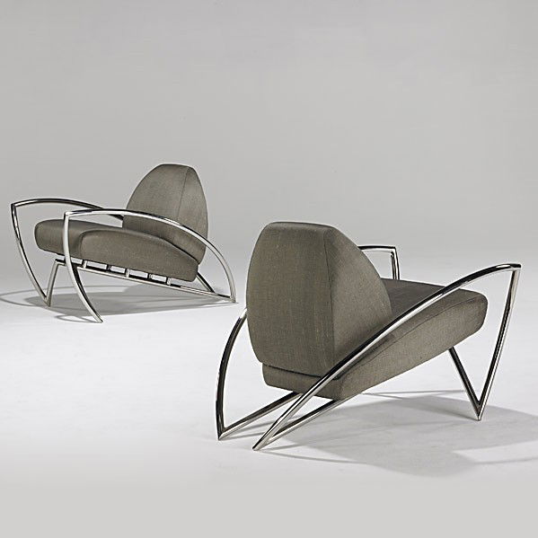BRUETON: BRUETON; Pair of chromed-plated steel and silk upholstered lounge chairs; Fabric labels, Brueton Industries; 27'' x 28'' x 44''