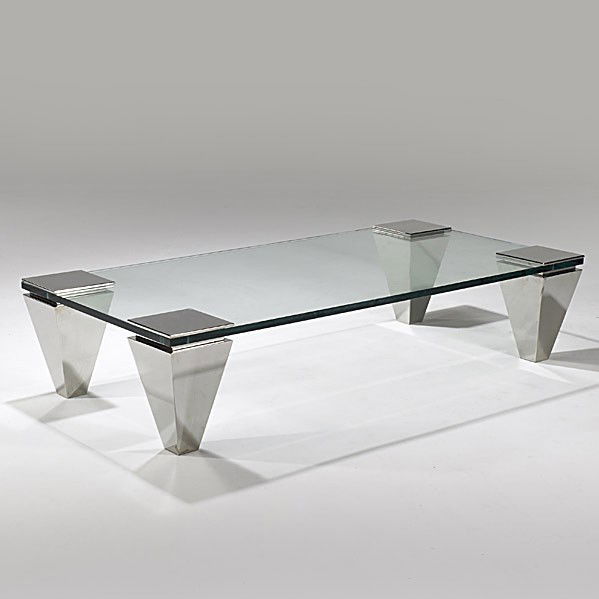 BRUETON: BRUETON; Chrome plated steel and glass coffee table; Unmarked; 16'' x 72'' x 36''