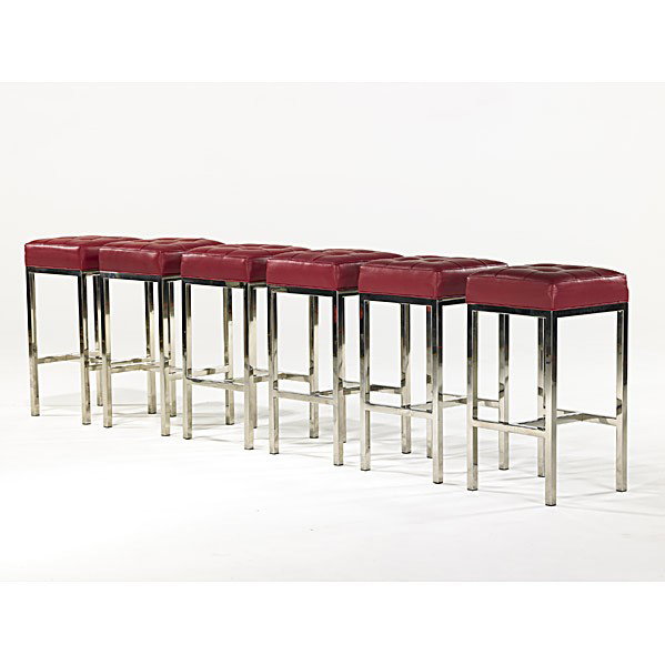 PACE: PACE; Six chromed steel and leather barstools; Unmarked; 28'' x 14 1/2'' sq.