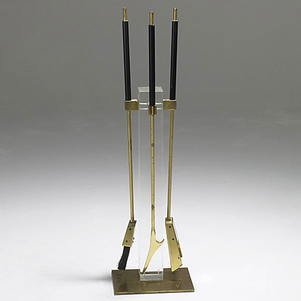 ALESSANDRO ALBRIZZI: ALESSANDRO ALBRIZZI; Set of lucite, plastic and brass fireplace tools; Tools: 34 3/4'' x 10'' x 8 1/2''