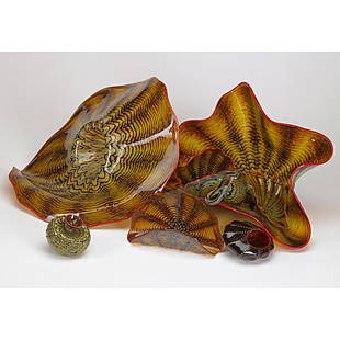 DALE CHIHULY: DALE CHIHULY; Amber and red glass eight-piece Macchia grouping, 2005; Largest signed and dated; Largest 12 3/4'' x 21''