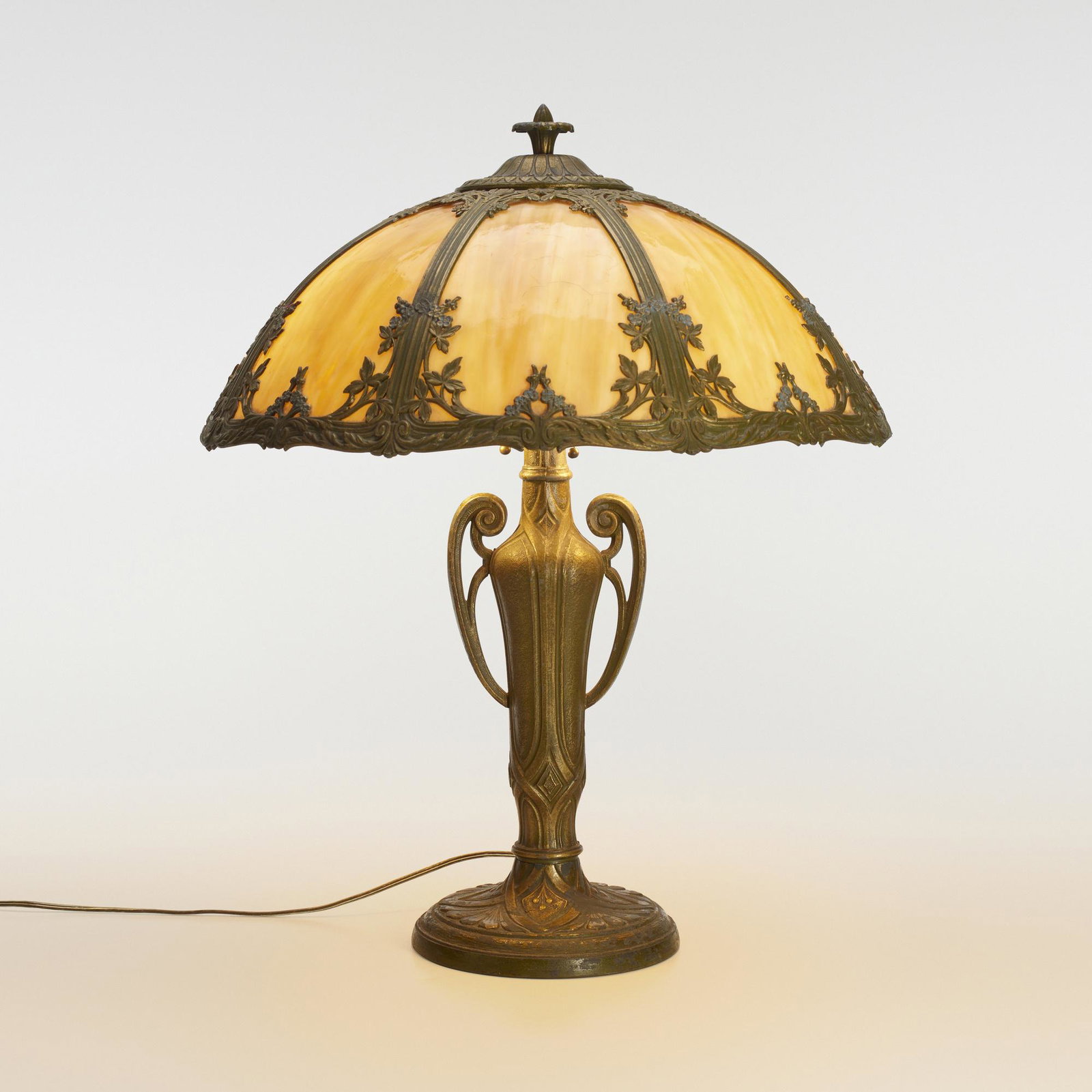 Arts & Crafts, Table lamp: Arts & Crafts Table lamp c. 1920 leaded slag glass, enameled metal 22.5 h × 18 dia in (57 × 46 cm) This work will ship from Wright in Chicago, Illinois.