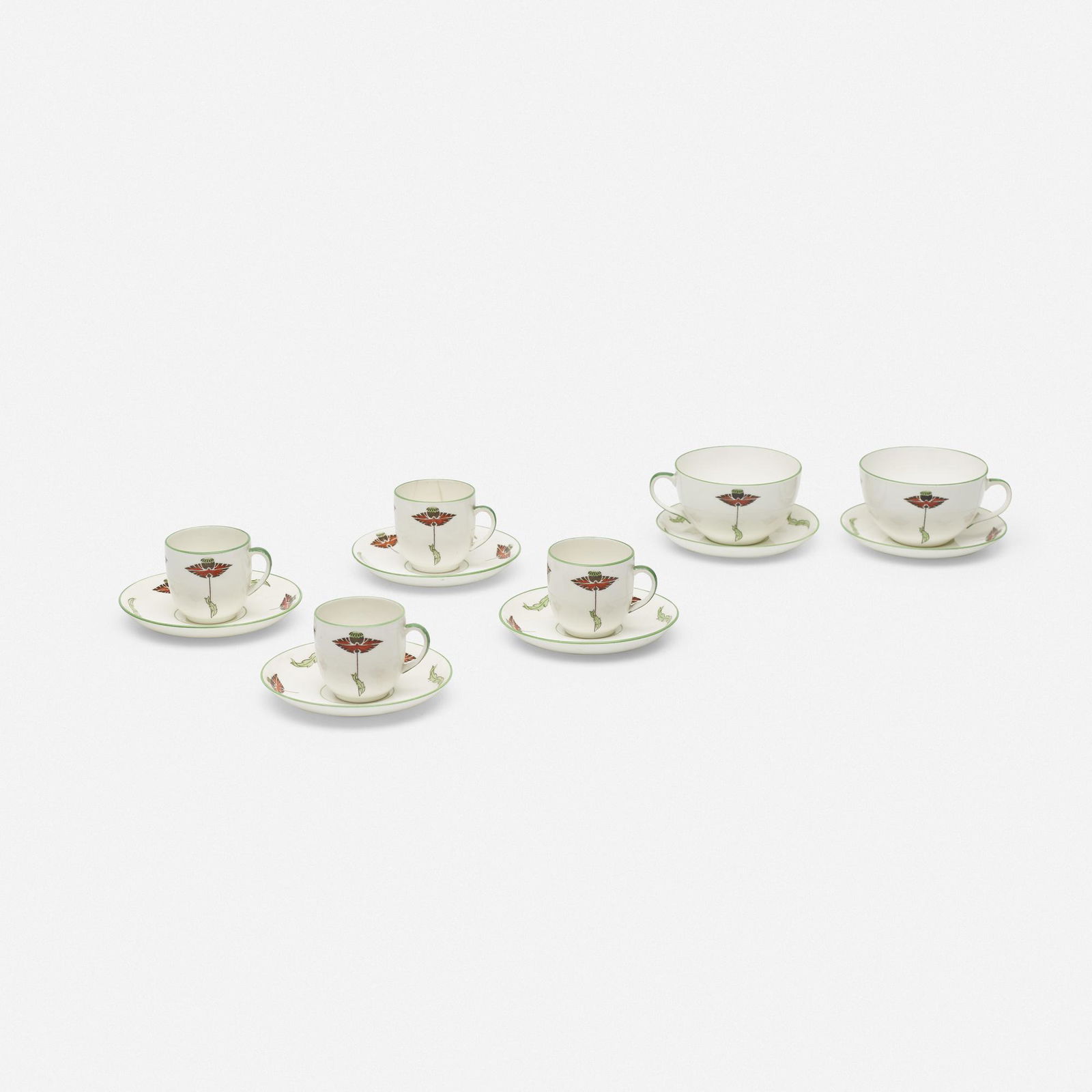 Foley China Company, Peacock Pottery cups and saucers: Foley China Company Collection of Peacock Pottery cups and saucers England, c. 1910glazed porcelain coffee cups: 2 h × 4 w × 3.5 d in (5 × 10 × 9 cm) tea cups: 2 h ×