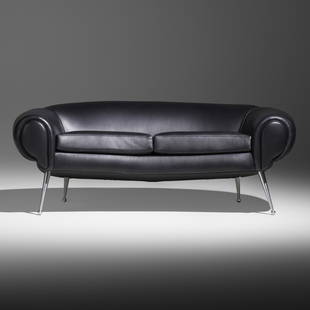 Illum Wikkelso, Sofa: Illum Wikkelso Sofa Holger ChristiansenDenmark, c. 1960leather, stainless steel 22 h × 60 w × 37 d in (56 × 152 × 94 cm) Sold with a digital copy of the invoice f